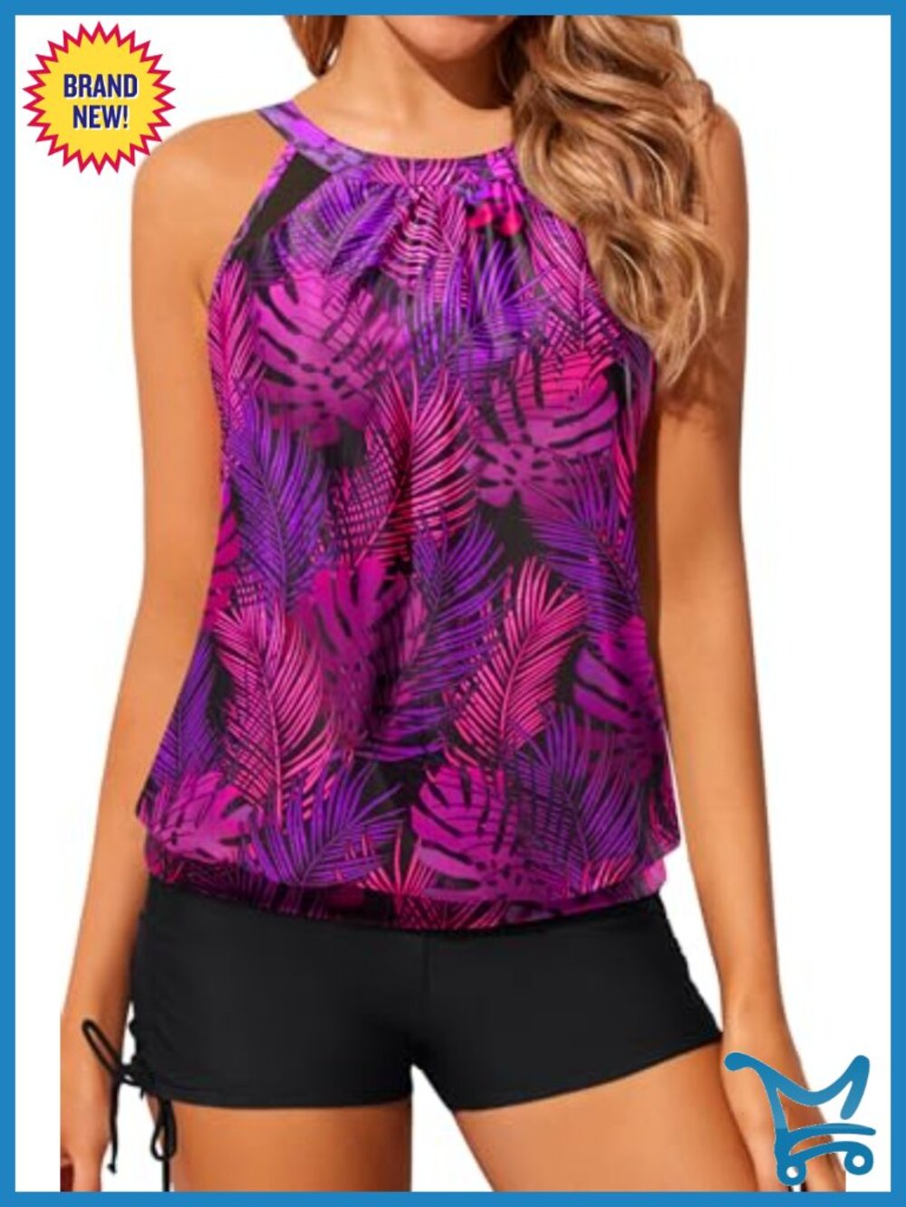 Women Mesh High Neck Tankini Set Tummy Control Blouson Swim
